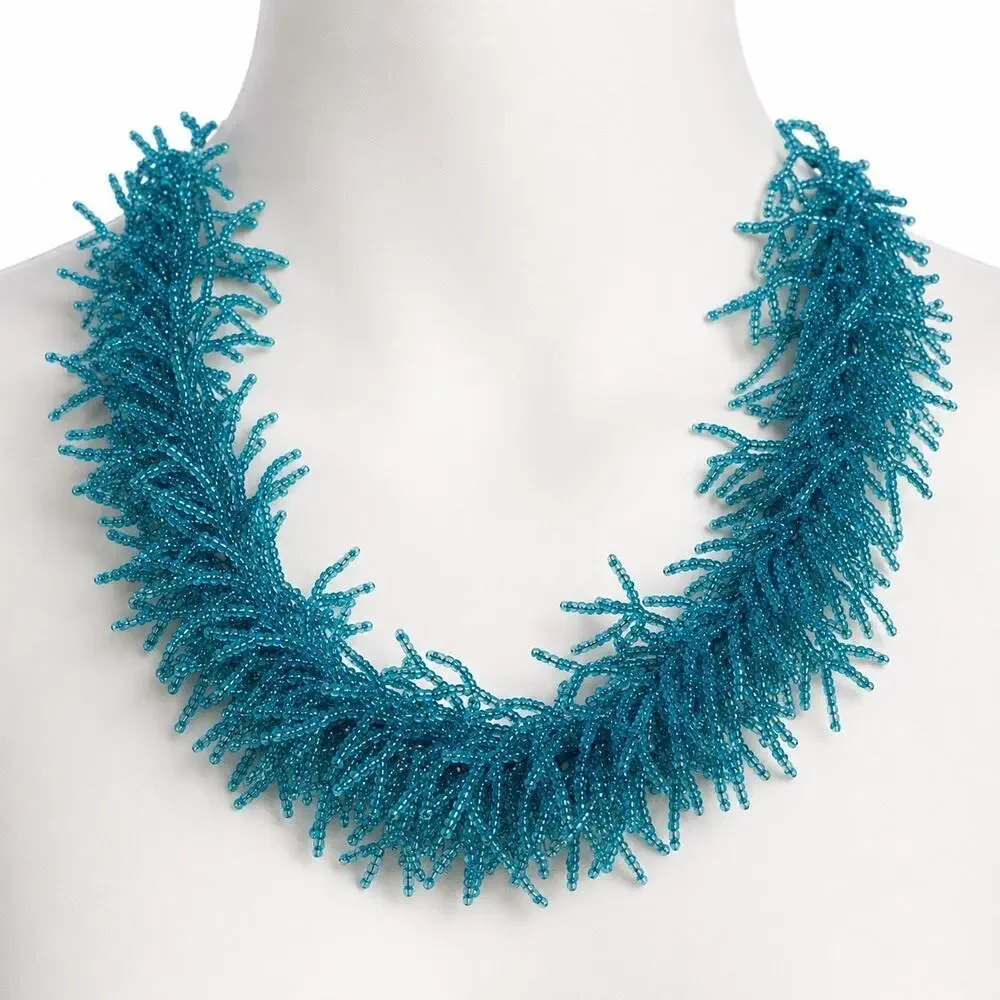Aqua Blue Seed Bead Statement Choker Necklace 16–17”